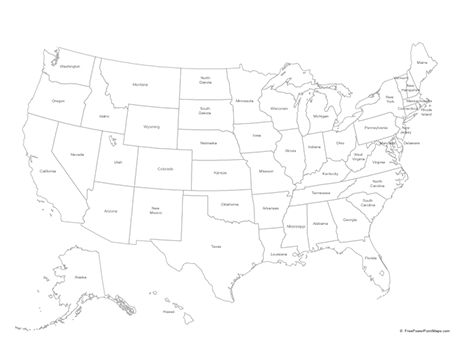 Printable PowerPoint® Map of the United States of America with States ...